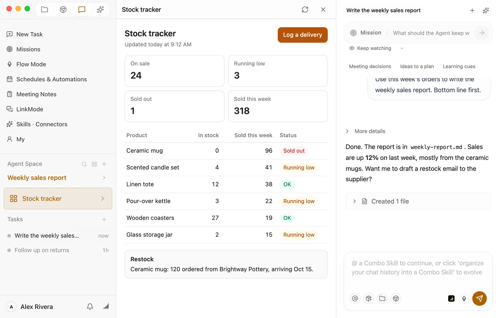 The Weekly sales report space, with the Stock tracker button highlighted in the sidebar. The middle column is the Stock tracker: under the title it says Updated today at 9:12 AM, with a Log a delivery button at the top right. Four numbers show On sale 24, Running low 3, Sold out 1 and Sold this week 318. A table below lists Ceramic mug with 0 in stock, Sold out; Scented candle set with 4, Running low; Linen tote with 12, OK; and more. At the bottom, Restock says 120 ceramic mugs were ordered from Brightway Pottery, arriving Oct 15. The column's title bar has refresh and close buttons on the right. The right column is the weekly report chat.