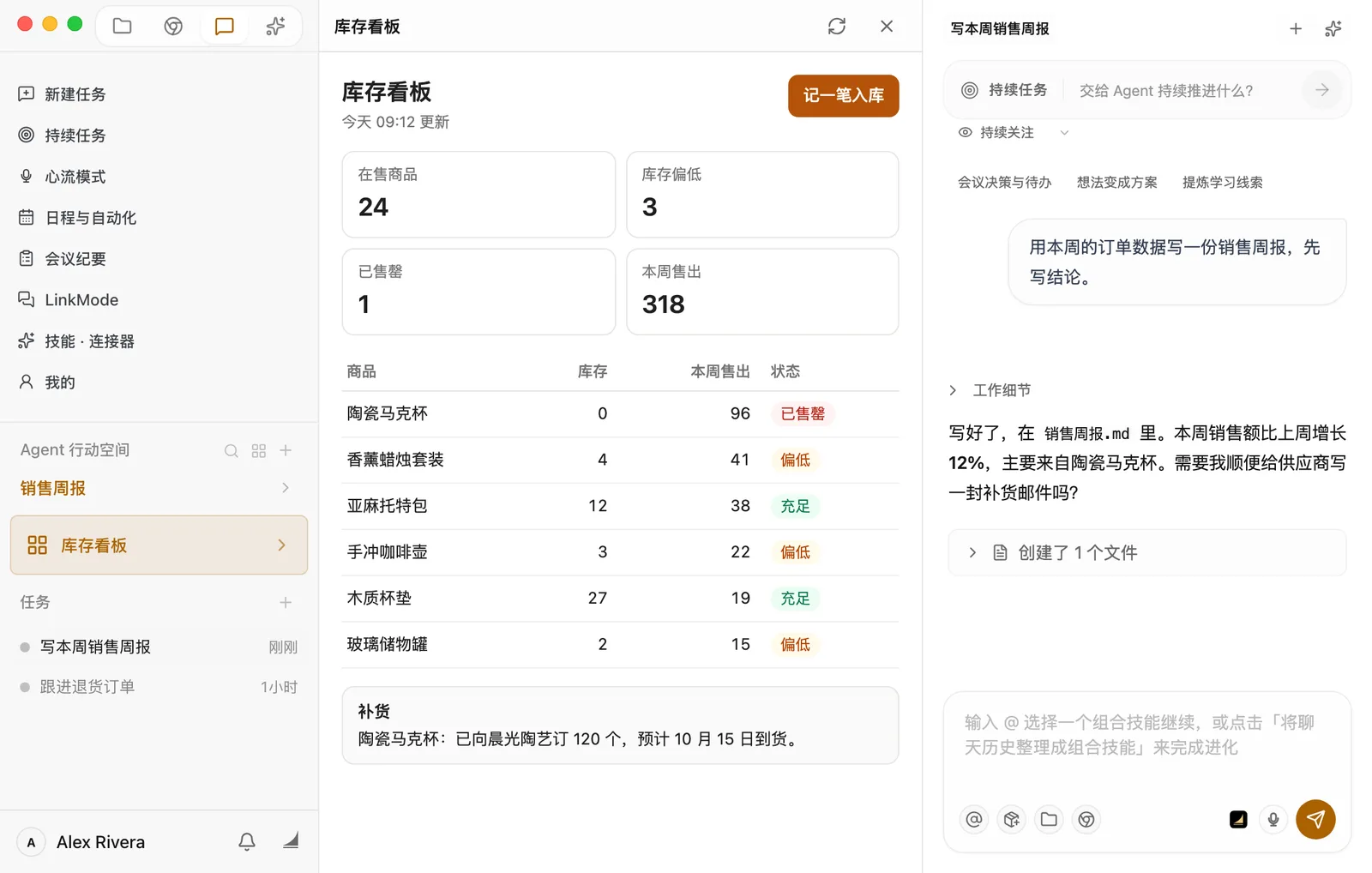 「销售周报」空间,侧边栏里「库存看板」按钮高亮。中间一栏是库存看板:标题下写着「今天 09:12 更新」,右上角有「记一笔入库」按钮;四个数字是在售商品 24、库存偏低 3、已售罄 1、本周售出 318;下面的表格列出陶瓷马克杯库存 0、已售罄,香薰蜡烛套装 4、偏低,亚麻托特包 12、充足等;最下面的「补货」写着陶瓷马克杯已向晨光陶艺订 120 个,预计 10 月 15 日到货。这一栏的标题栏右边有刷新和关闭按钮。右边一栏是写周报的对话。