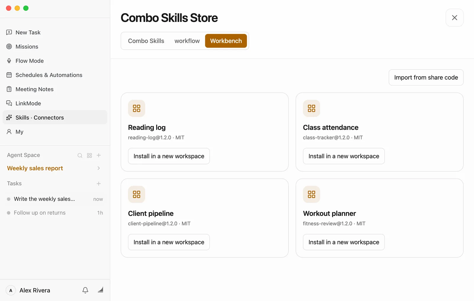 The Combo Skills Store with the tabs Combo Skills, workflow and Workbench, and Workbench selected. An Import from share code button is at the top right. Four cards: Reading log, Class attendance, Client pipeline and Workout planner. Each shows its store name and version, such as reading-log@1.2.0 · MIT, and an Install in a new workspace button.