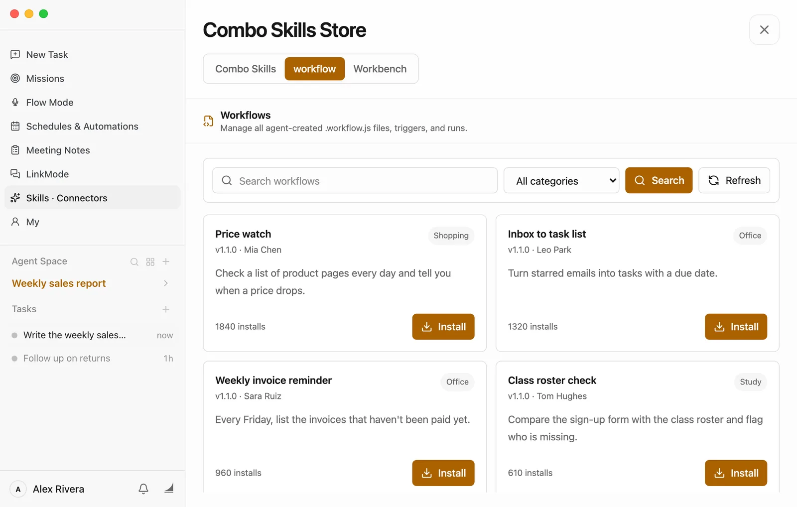 The Combo Skills Store, with the tabs Combo Skills, workflow and Workbench, and workflow selected. Below are a Search workflows box, an All categories menu, and Search and Refresh buttons. Four cards: Price watch (Shopping, v1.1.0 · Mia Chen, 1840 installs), Inbox to task list (Office), Weekly invoice reminder (Office) and Class roster check (Study). Each has a one-line description and an Install button.