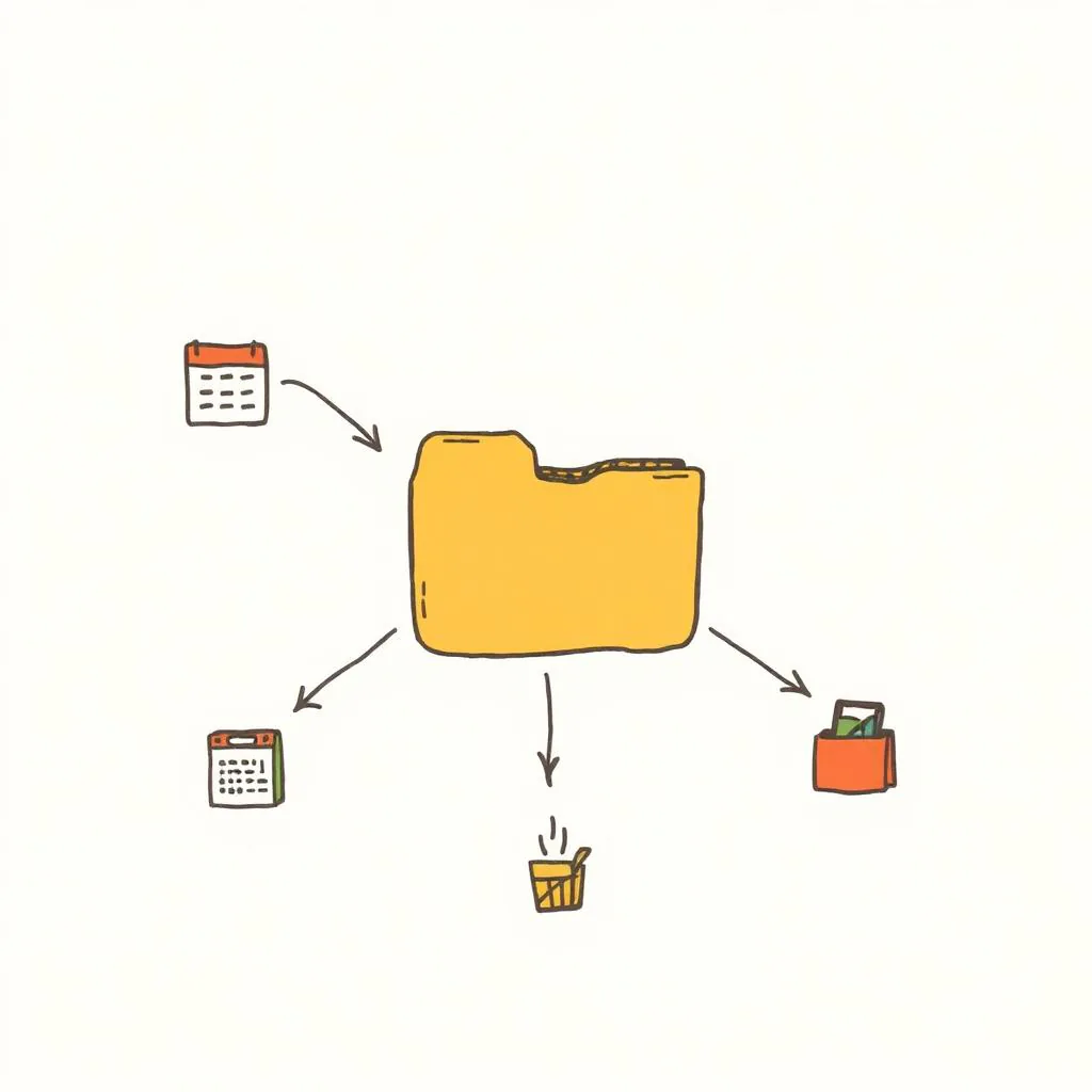 A tidy folder connected by arrows to a calendar, a chat bubble, and a shopping bag of skill cards