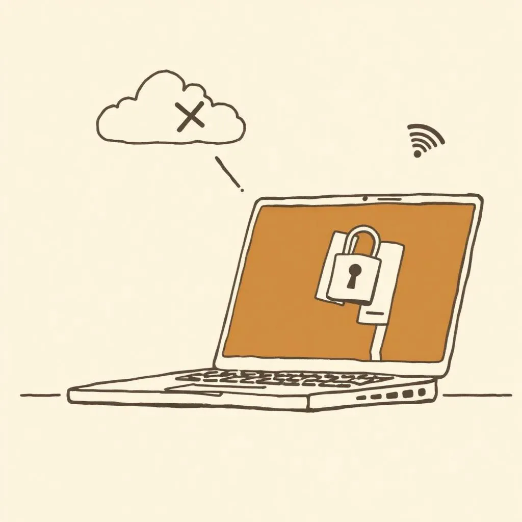 A laptop on a desk with a padlock on its screen, a crossed-out cloud floating above, and a WiFi-off icon