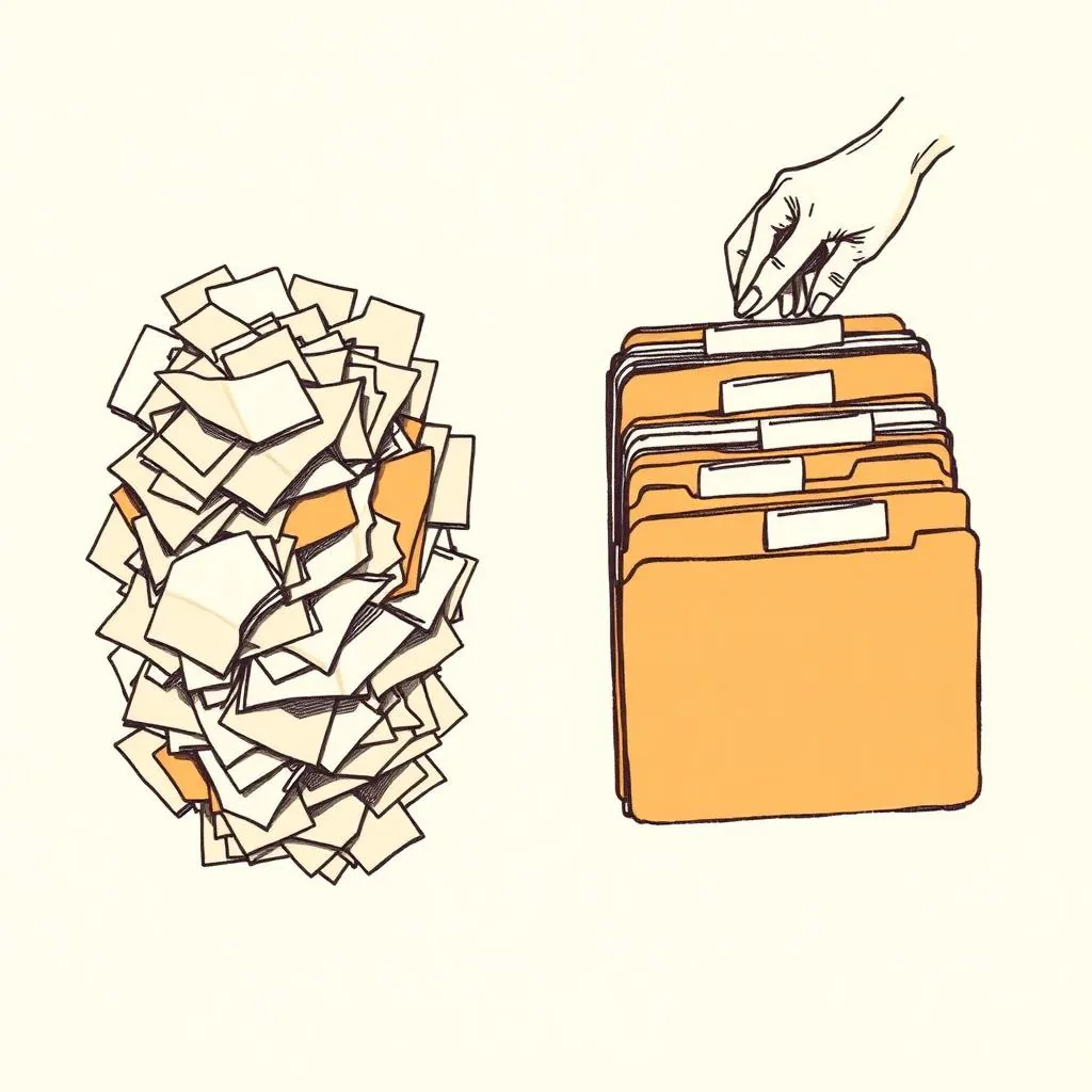 A messy pile of paper documents being sorted by a hand into neat labeled folder tabs