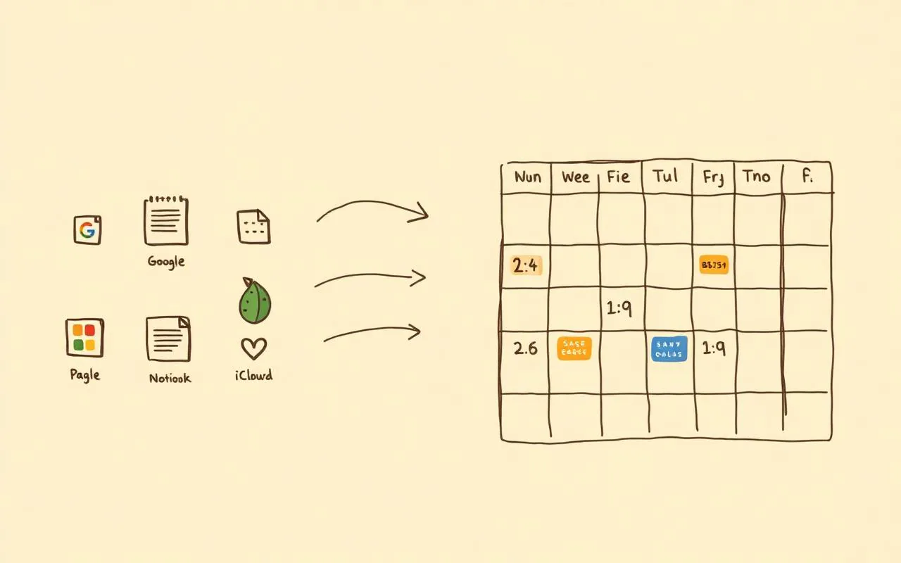 Multiple calendar source icons flowing into one weekly calendar grid