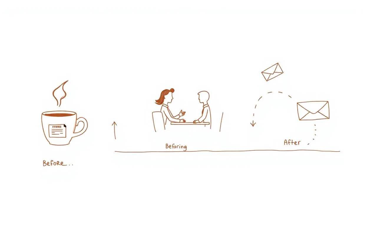 A three-act timeline: coffee cup, two faces in conversation, then an envelope flying away