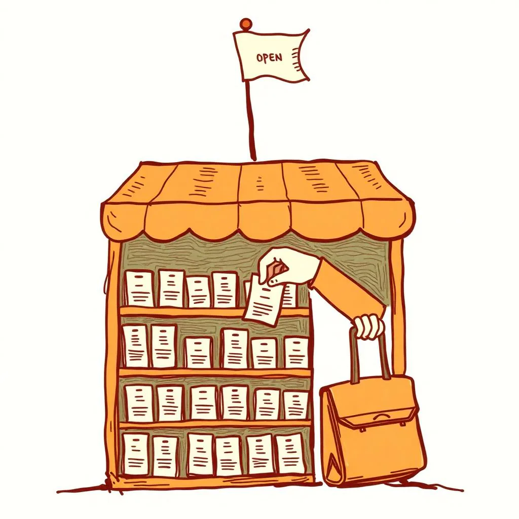 A market storefront of skill cards with a hand picking one